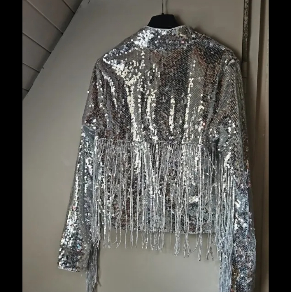 Women Stand Collar Long Sleeve Sequin Fringe Short Zip Jacket Fall Party - Picture 8 of 9